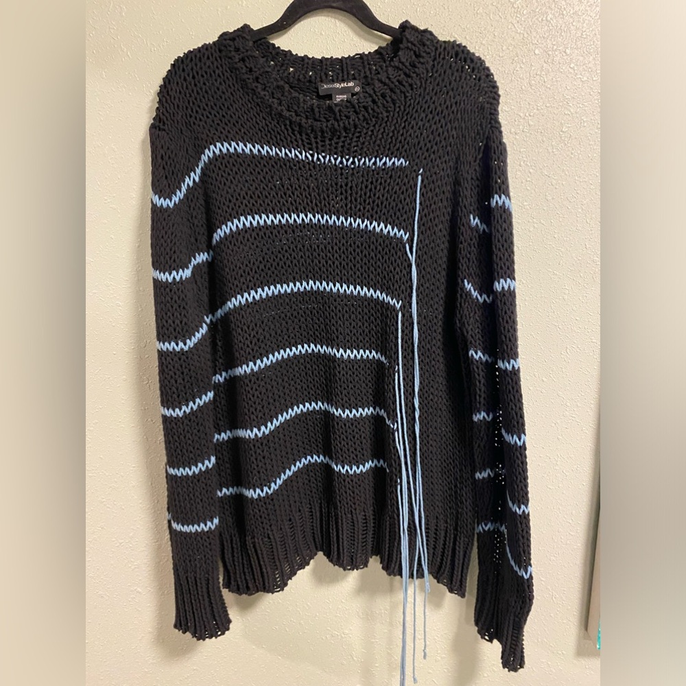 Diesel Style Lab crocheted black and blue Knit Sweater with Light Blue Stripes